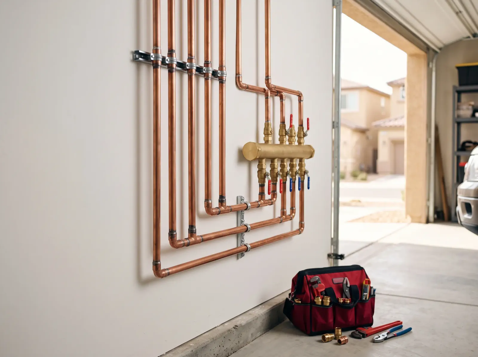 Neatly installed copper water supply piping and brass manifold on a garage wall in a Las Vegas home