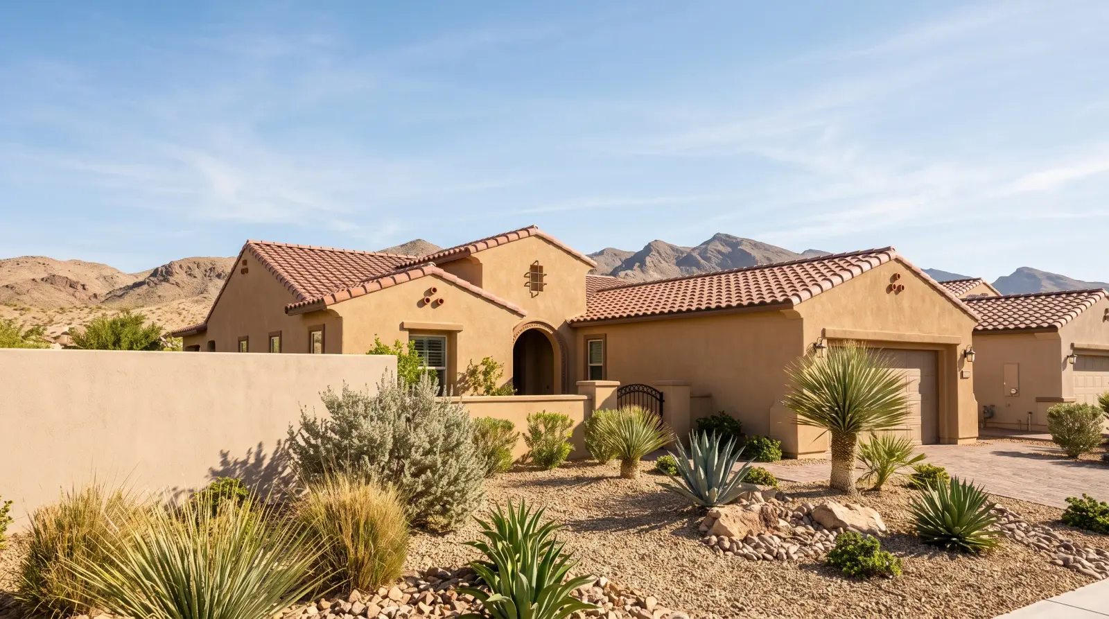 Tile-roofed stucco home with desert landscaping and mountains behind it in Henderson, Nevada