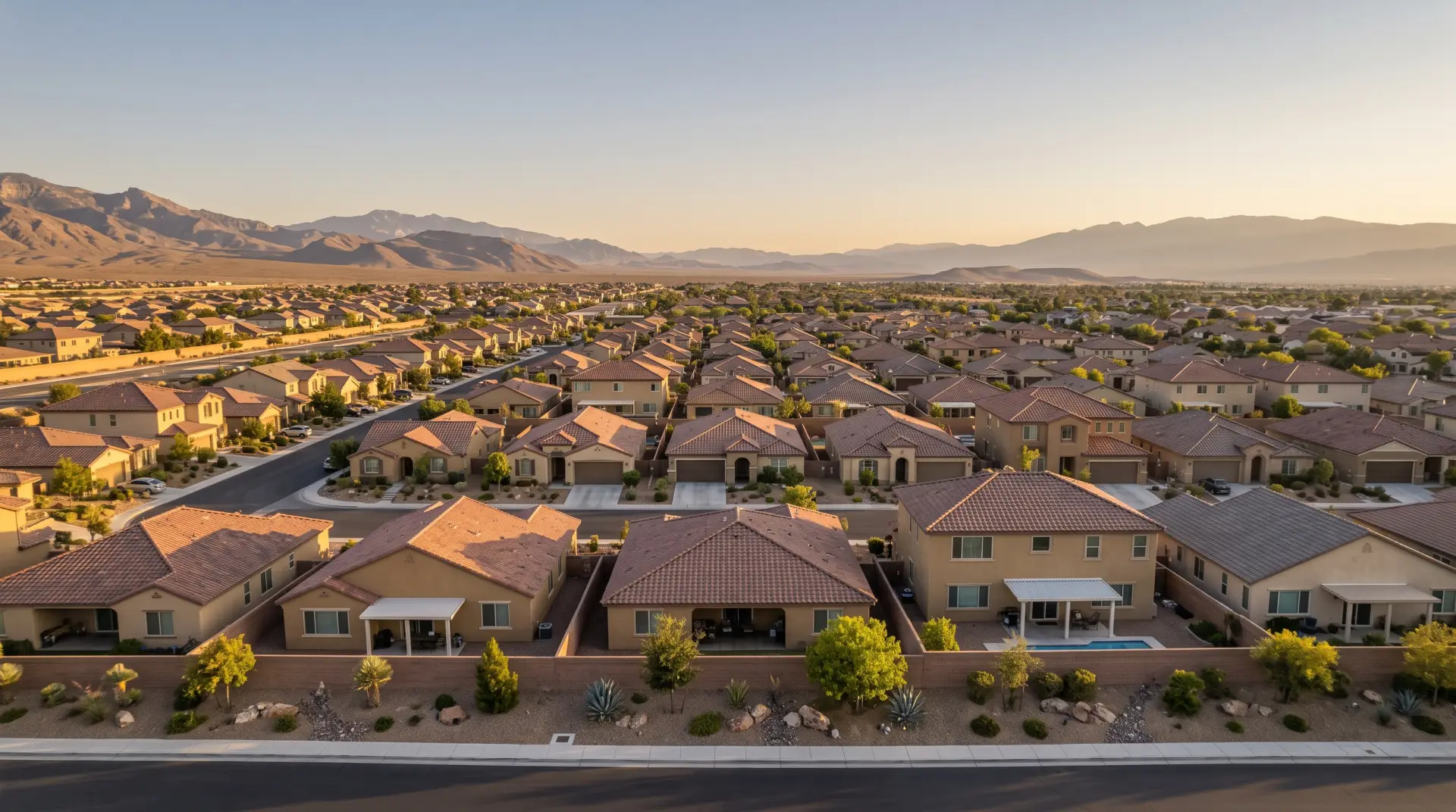 Aerial view of residential neighborhoods and desert mountains in the Las Vegas valley, Nevada