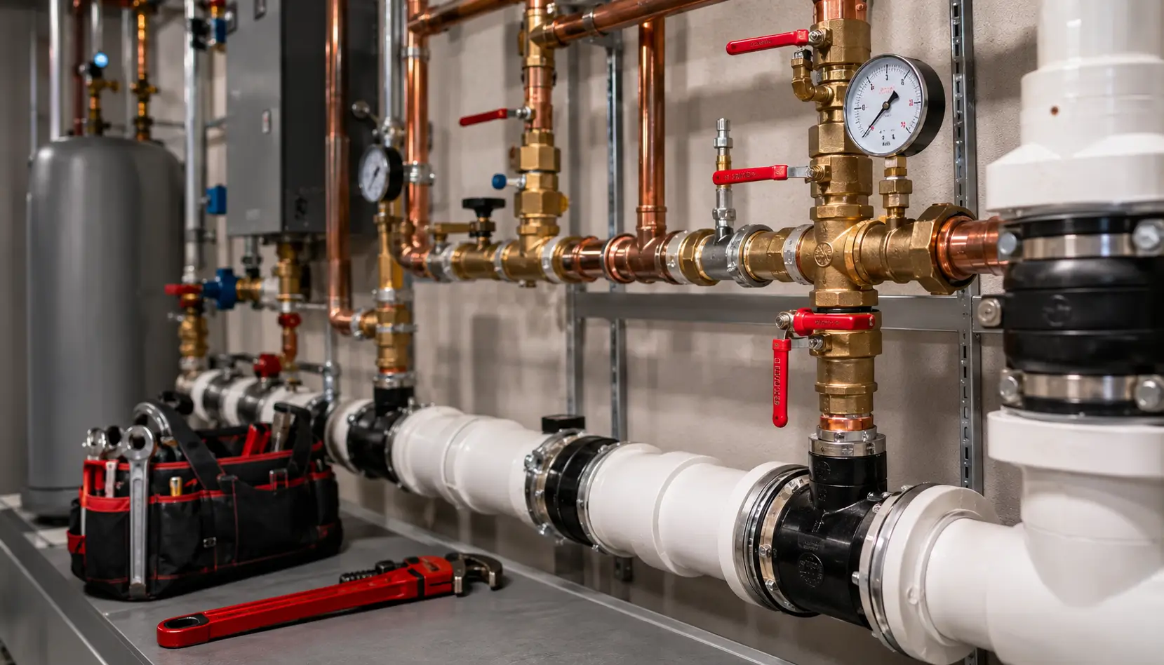 Brass and copper valve assembly with gauges in a commercial mechanical room