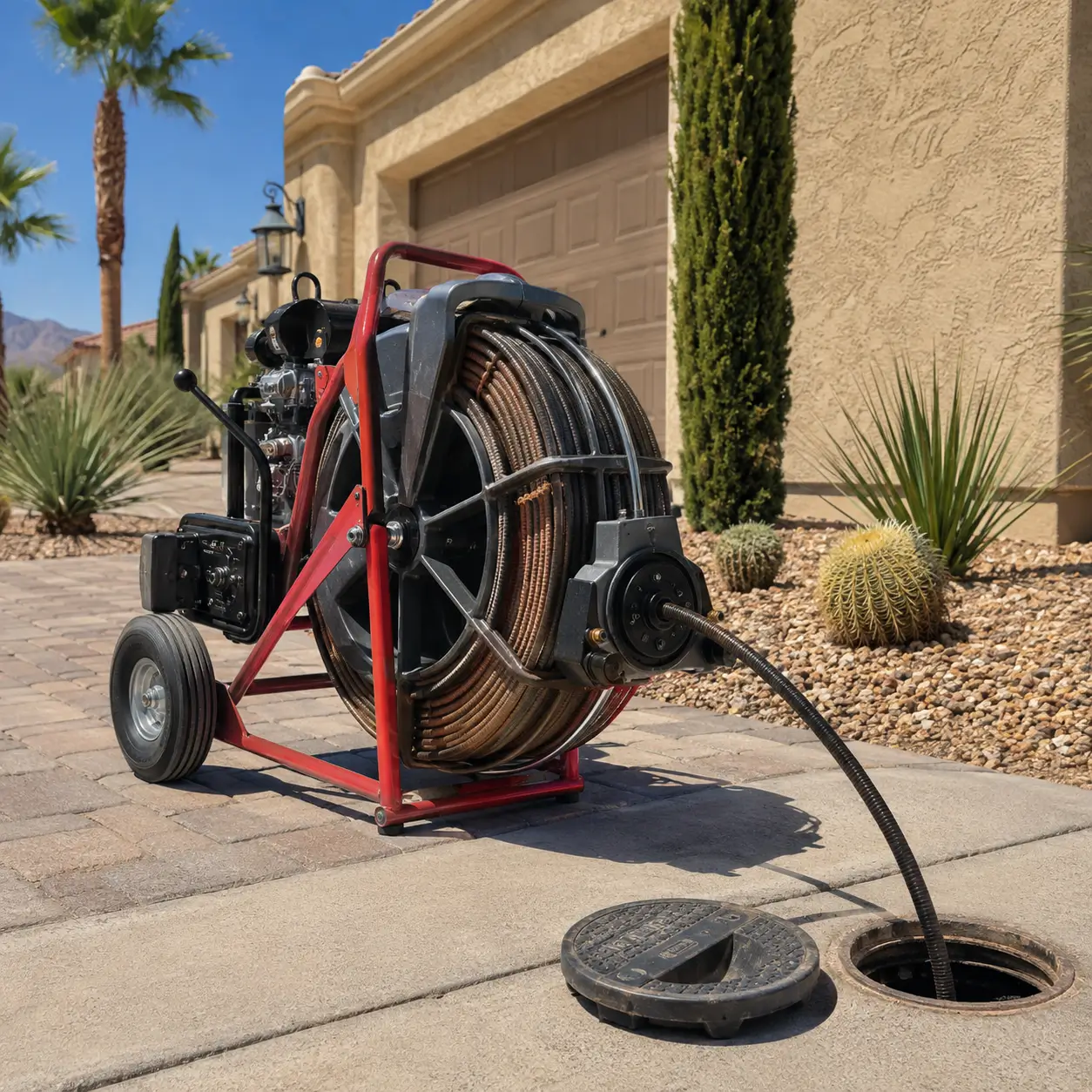 Large drain machine with a cable reel on a paver walkway