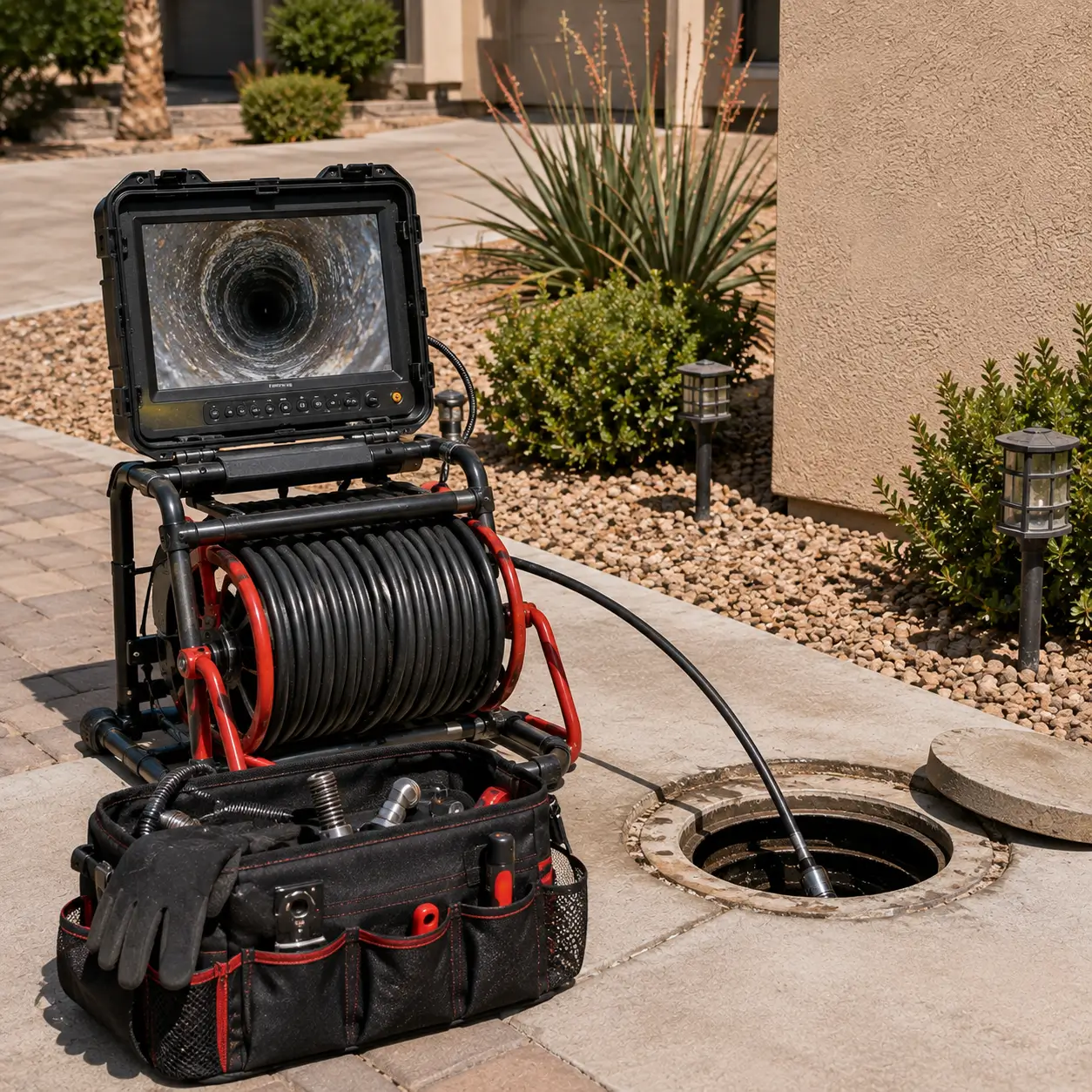 Video inspection camera reel and monitor beside a drain cleanout