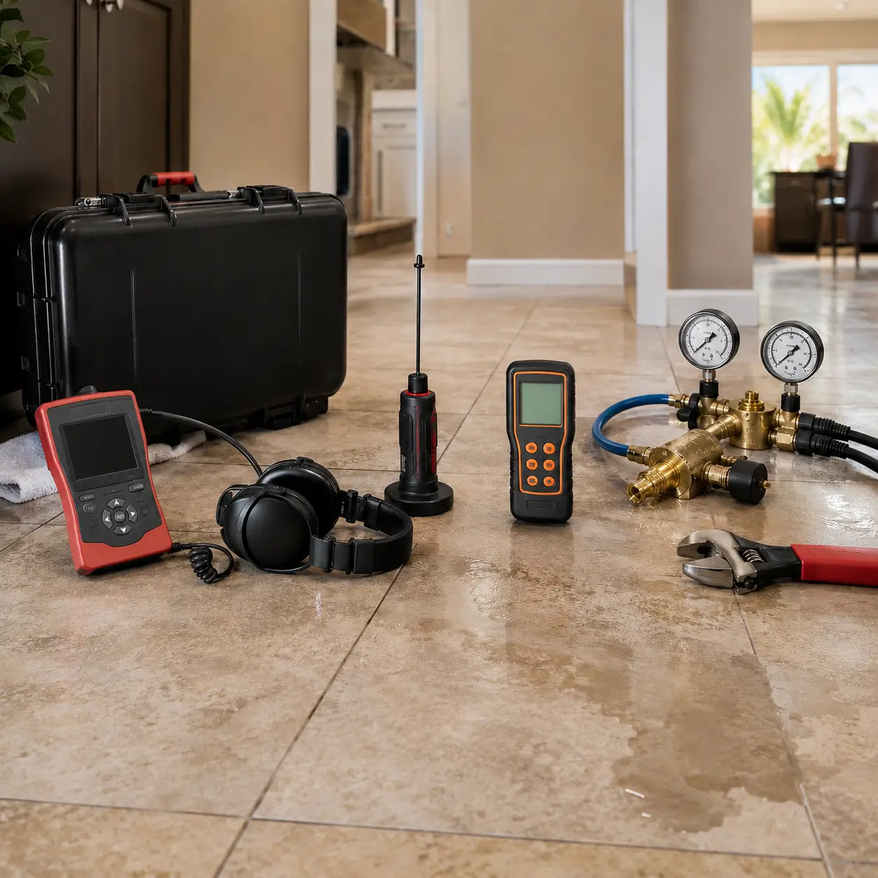 Leak detection tools and pressure gauges laid out on wet tile