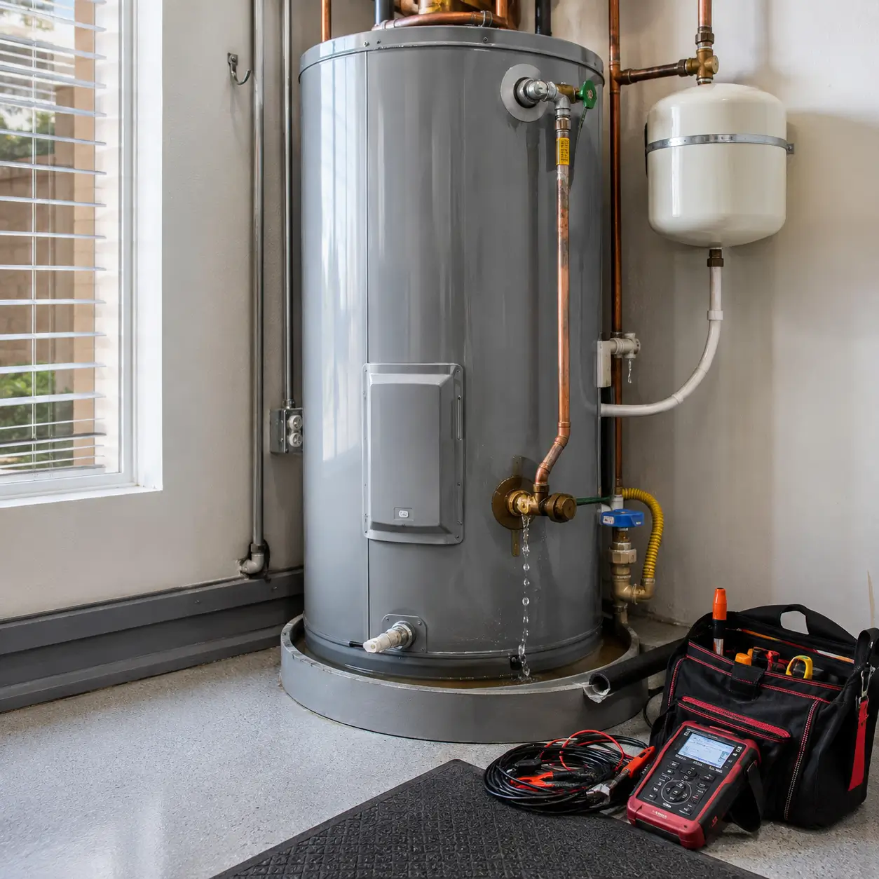 Water heater with a slow drip at the base valve