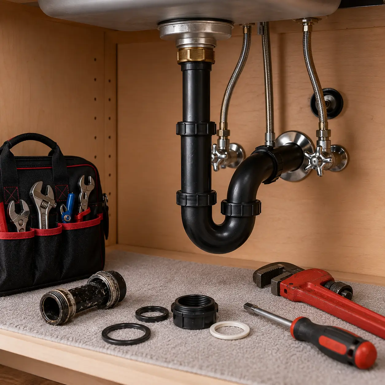 Black P-trap and supply lines under a sink beside a tool bag