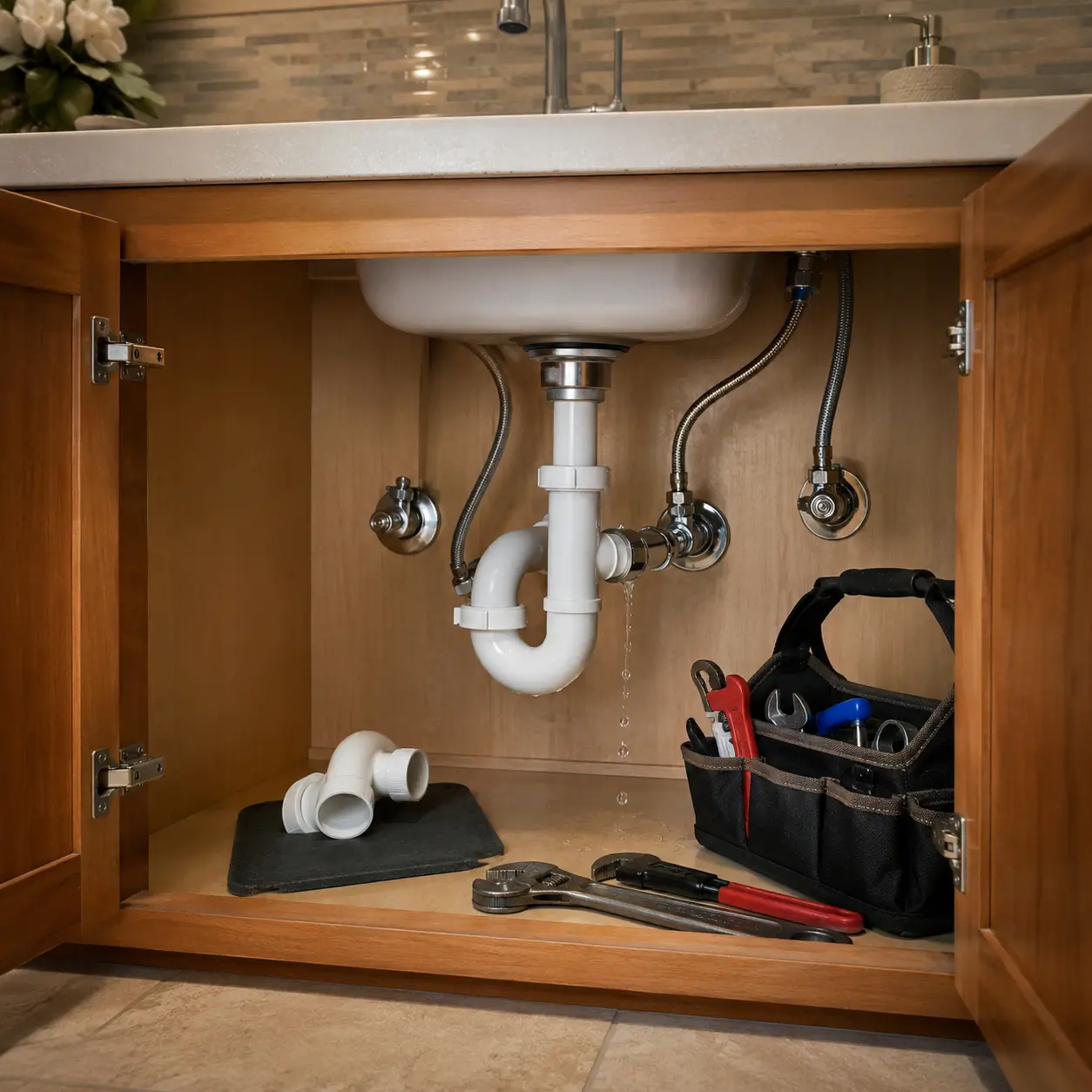 Under-sink cabinet with a P-trap and a small drip from the drain connection