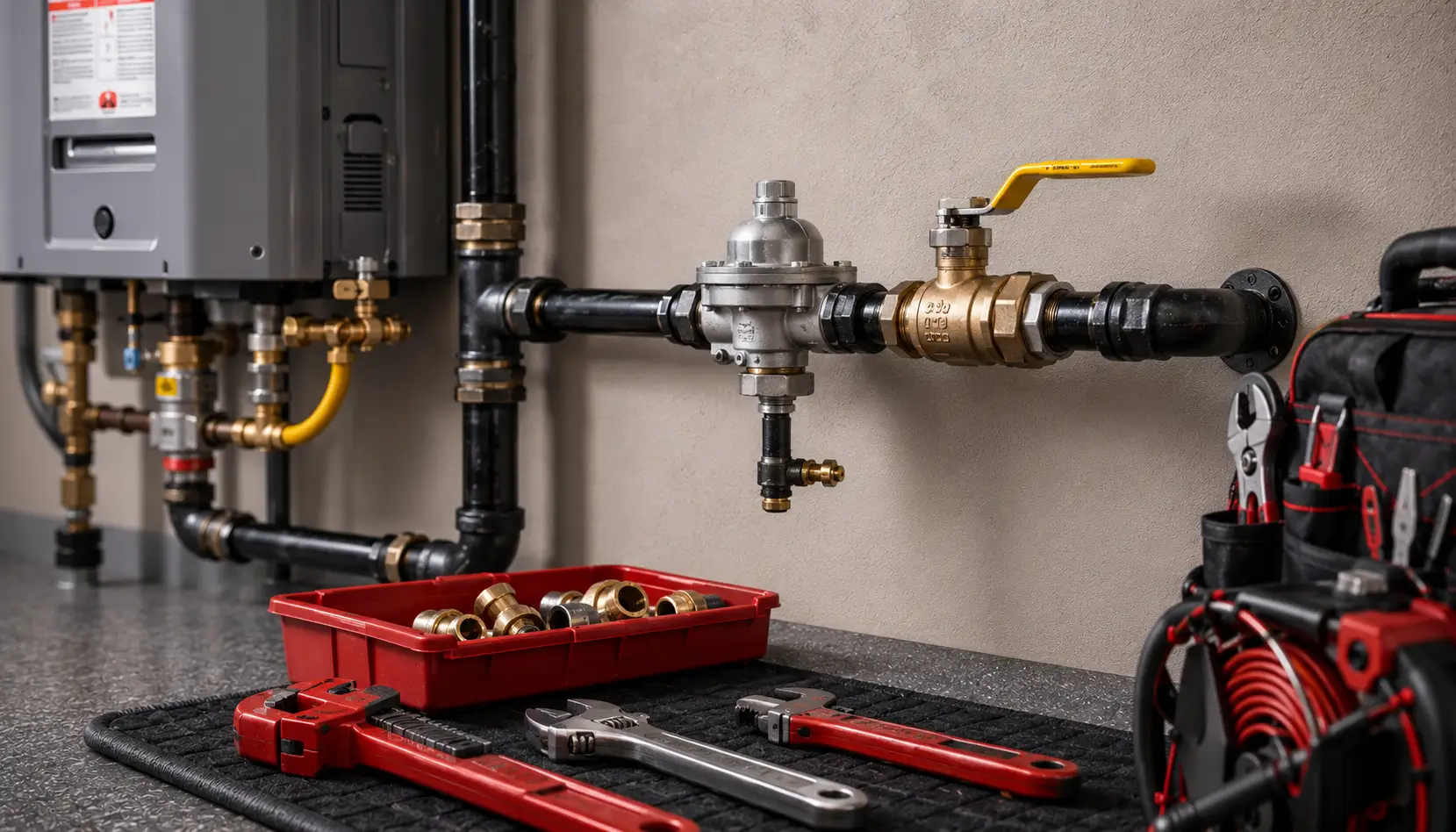 Black iron gas line with a regulator and shutoff valve beside a tankless water heater