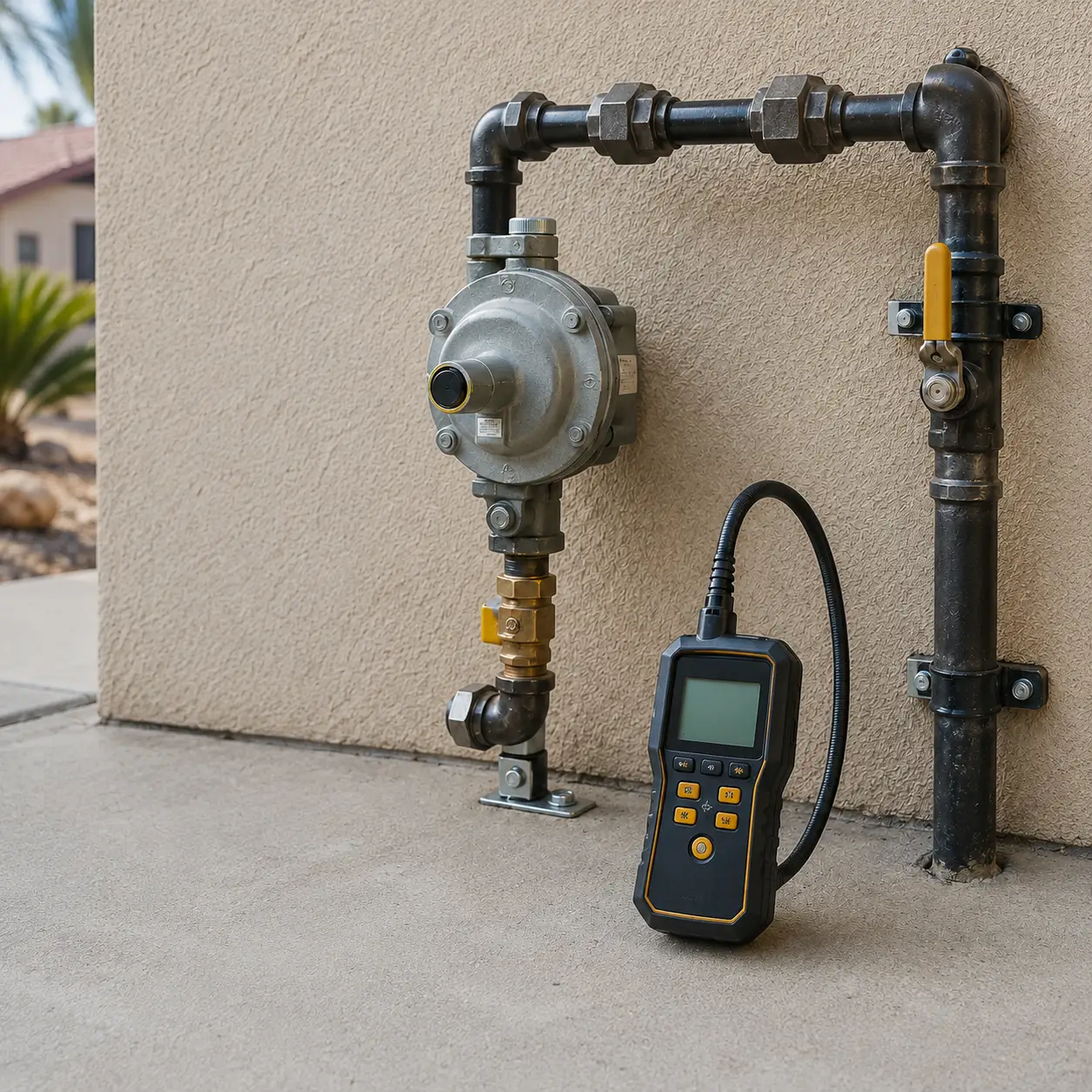 Gas regulator and shutoff valve with a handheld gas detector connected