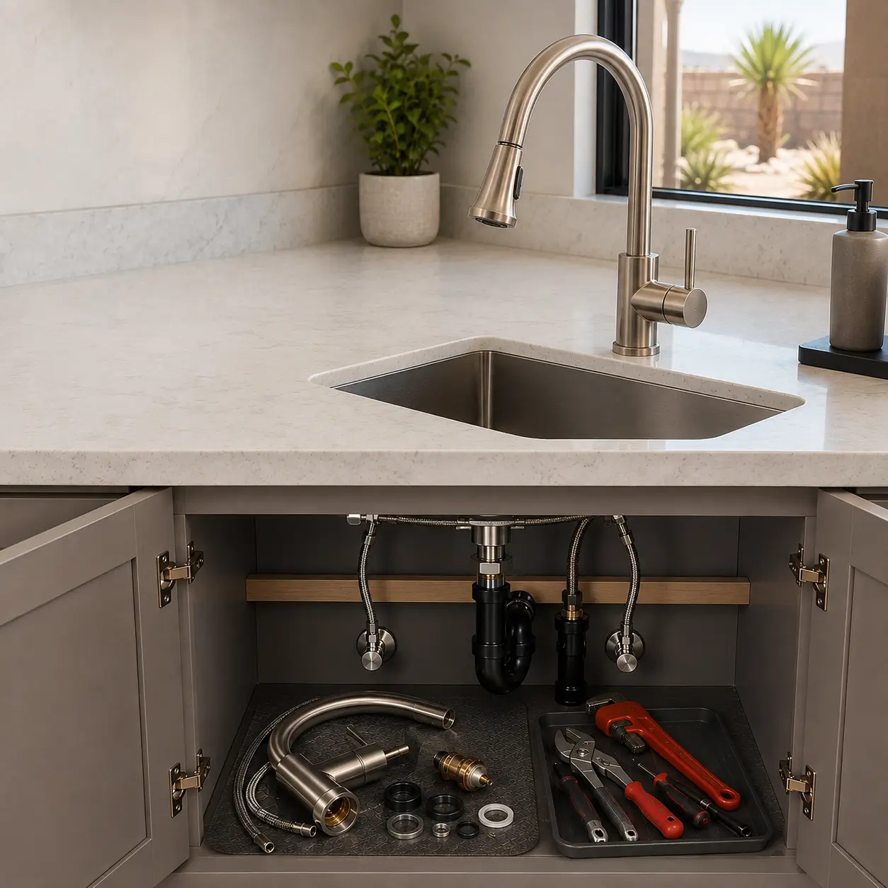 Under-sink cabinet with supply lines and drain below a kitchen faucet and sink