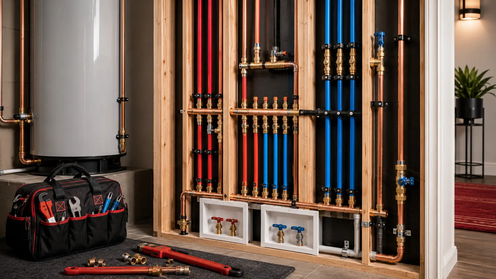 Opened wall with new red and blue PEX and copper manifold beside a water heater