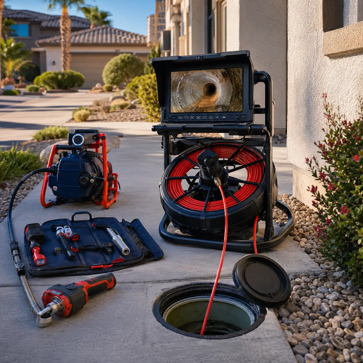 Sewer camera cable reel beside a drain cleanout