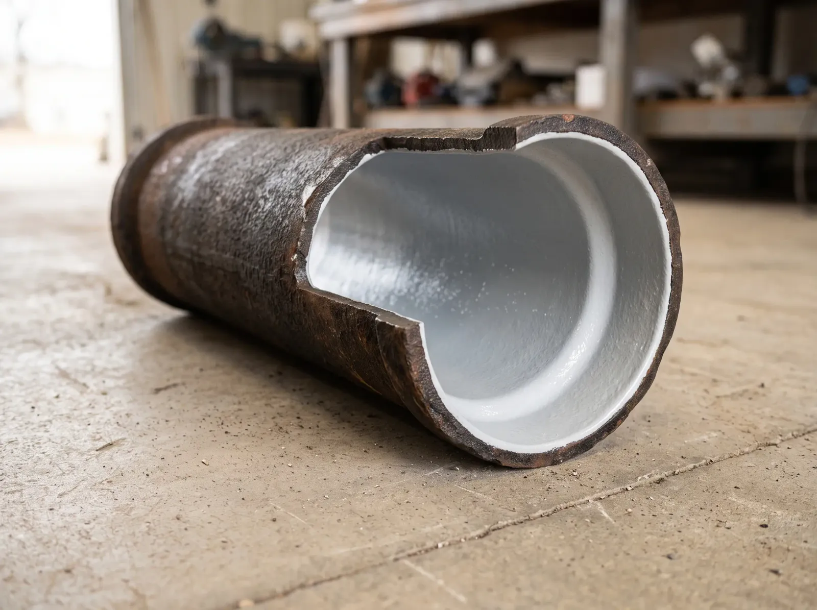 Cutaway section of a rusted drain pipe showing a smooth white epoxy lining on the inside