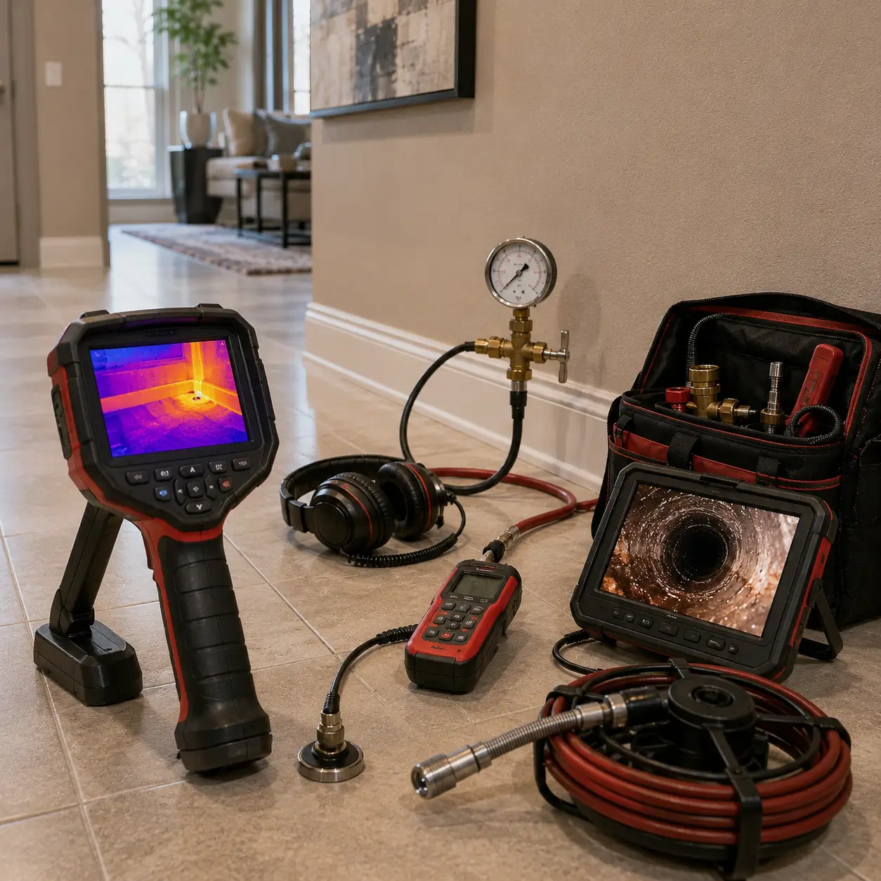 Thermal imaging camera, headphones and pressure gauge set up for leak detection