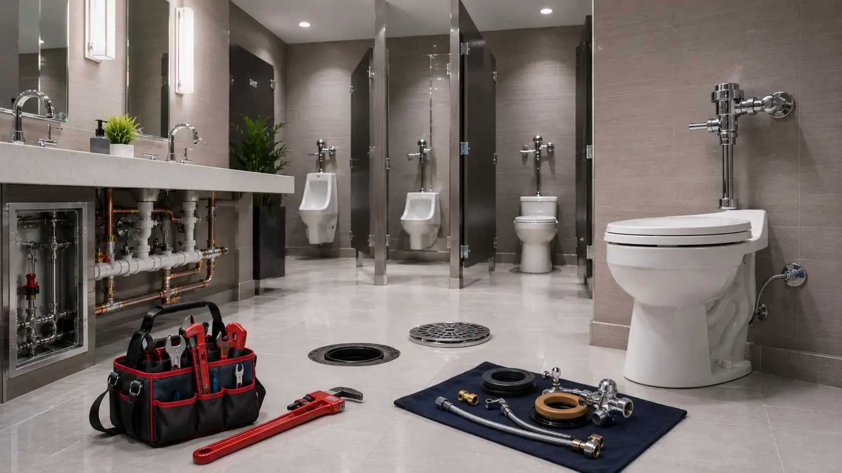 Commercial restroom with toilets, urinals and an open floor drain beside a plumber's tool bag