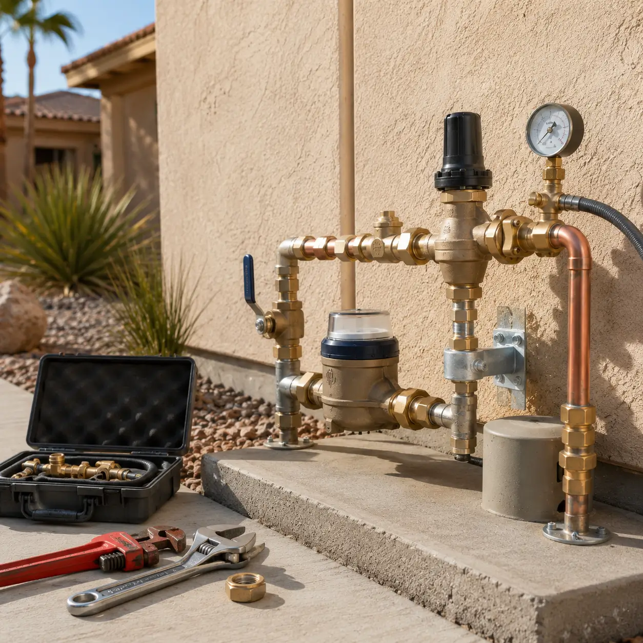 Outdoor water meter, valves and pressure regulator assembly beside a stucco wall